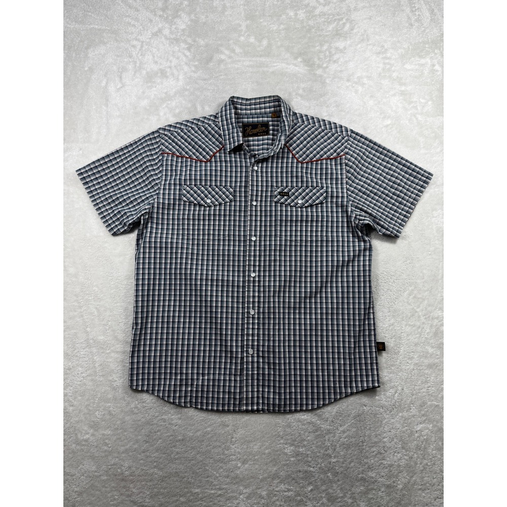 Howler Brothers Mens Western Plaid Pearl Snap Blue Shirt M Meas: 22.5x28